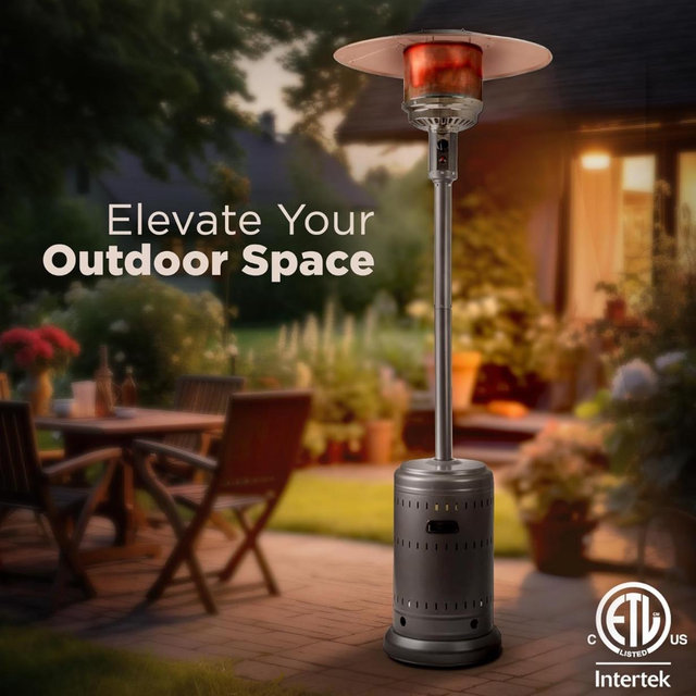 Outdoor Propane Patio Heater with Wheels, Commercial & Residential, Slate Gray, with water tank, 32.1 x 32.1 x 91.3 inches (LxWxH)