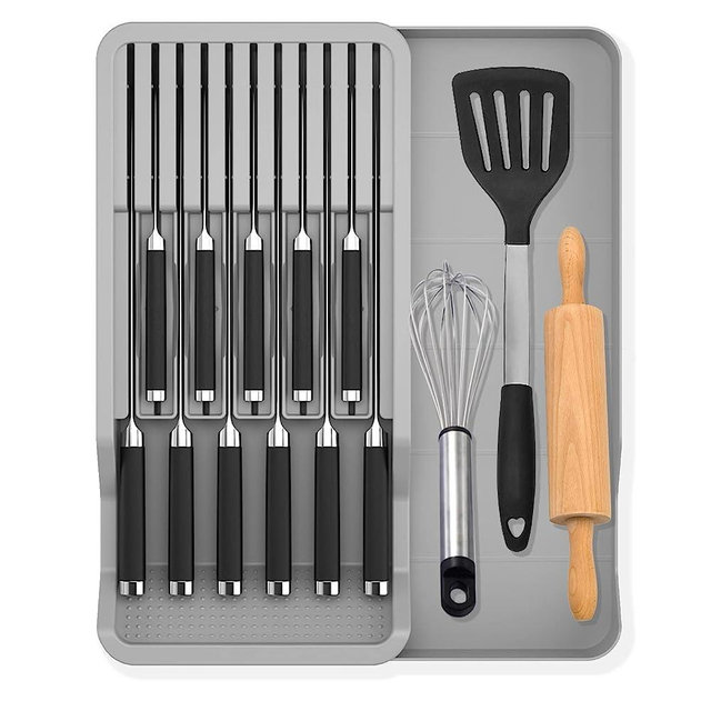 Mulikeer Knife Holder, In Drawer Knife Block Holder with Expandable Cutlery Tray Kitchen Drawer Organizer Insert-Holds 11 Knives(Without Knives) for Save Space & Kitchen Safety