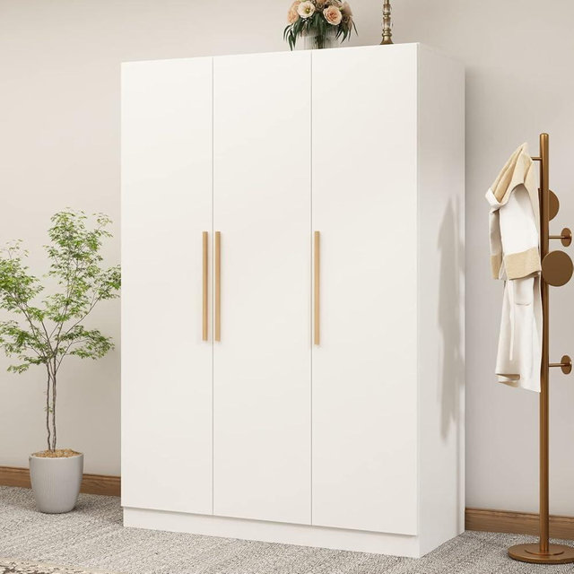 AIEGLE 3 Doors Wardrobe Armoire Closet, Large Freestanding Armoire Wardrobe Cabinet with Shelves & 2 Hanging Rod, Bedroom Wood Clothes Storage Cabinet Organizer, White Type B (47" L x 70" H)