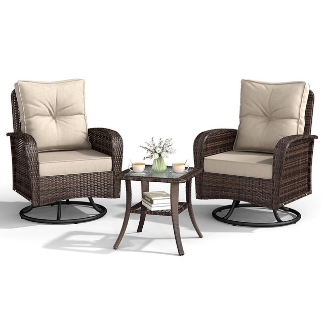 Kromax Outdoor Patio Furniture Set, All-Weather Wicker Swivel Glider Chairs Set of 2 with Coffee Table Table & Thick Machine Washable Cushions for Backyard, Garden, Porch, Brown/Beige