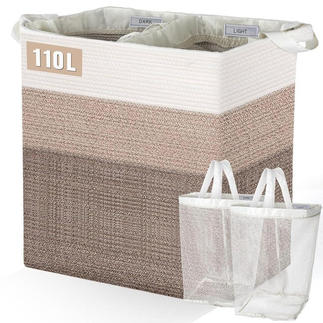 Himake Large Woven Laundry Basket, 110L Cotton Rope Laundry Hamper for Dorm Bathroom, Collapsible Dirty Clothes Blanket Basket, Storage Toy Bins for Baby Kids, Gradient Brown