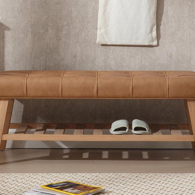 chairus Entryway Bench 2-Tier Shoe Bench Upholstered PU Leather Storage Ottoman Bench Button-Tufted End of Bed Bench with Solid Wood Shelf for Living Room, Bedroom, Hallway, Brown