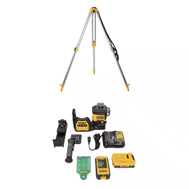 DEWALT Construction Tripod and 230 ft. Green 3-Plane Laser Level Kit with Battery, Charger, Detector and Kitbox