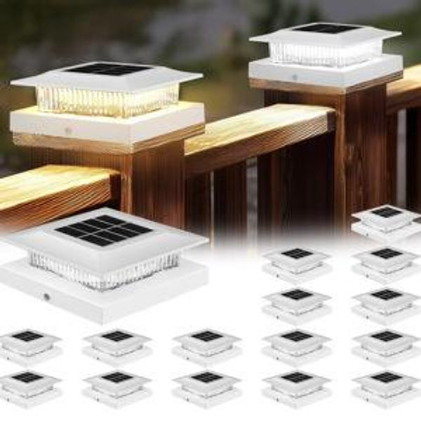 4x4 Solar Post Cap Lights 16 Pack, Fence Post Solar Lights with Warm White/Cool White, Only Fit 4x4 Wood/Vinyl Posts, Waterproof Outdoor Deck Post Light for Deck, Fence, Porch(White)
