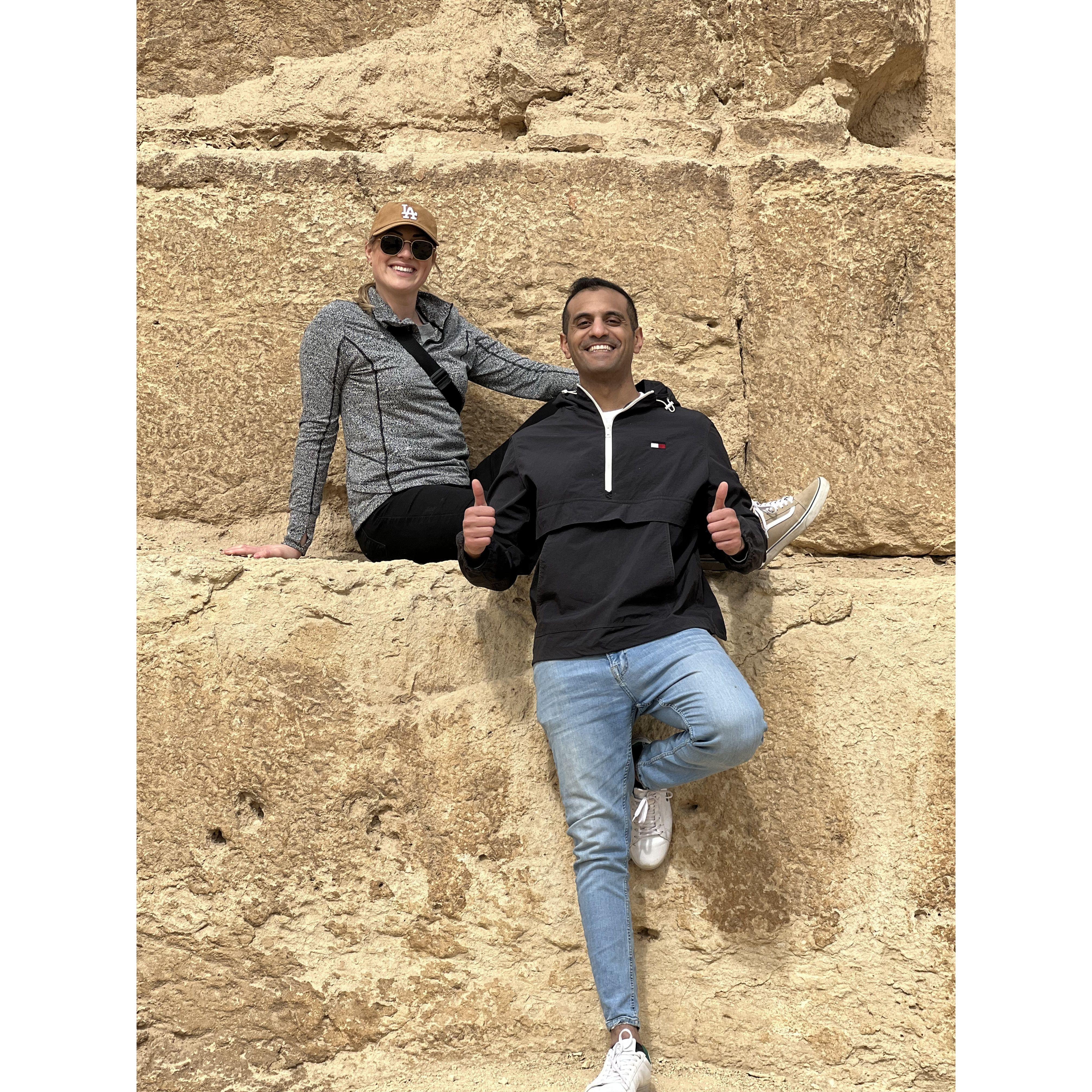 Posing on one of the pyramid's giant blocks