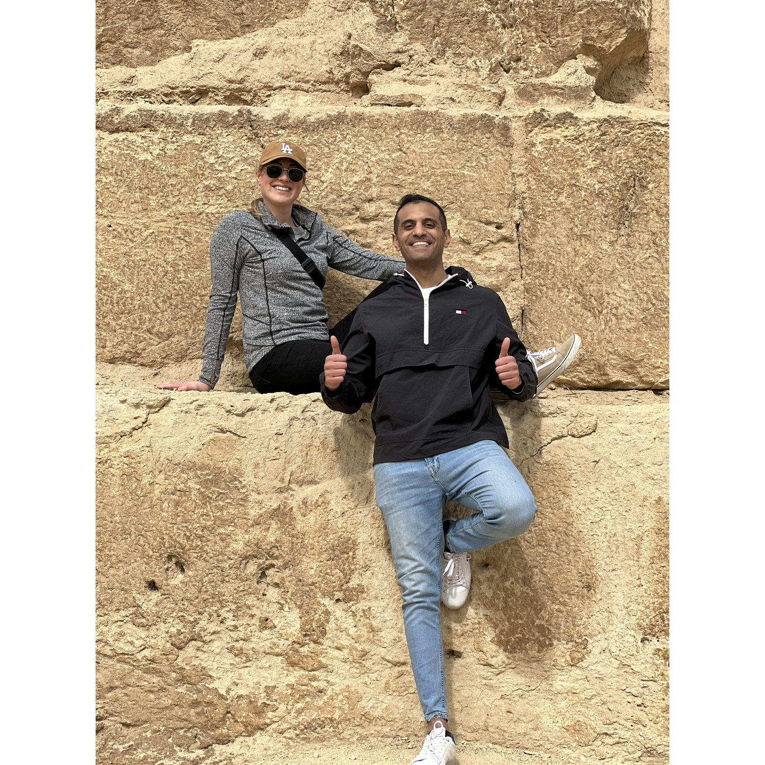 Posing on one of the pyramid's giant blocks