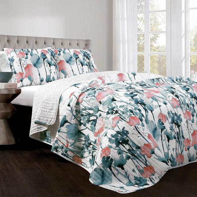 King Zuri Flora Quilt Set Blue/Coral - Lush Décor
