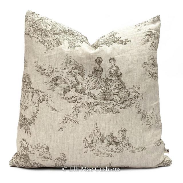Cabbages and Roses Designer Linen Toile de Poulet Grey Sofa Cushion Pillow Cover