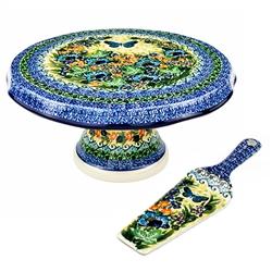 Polish Art Center - Unikat Polish Pottery Stoneware Cake Stand/Server Set U4591