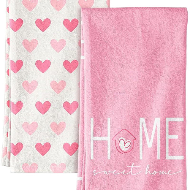 Miss Adola Valentine Day Kitchen Towels Set of 2 - Flour Sack Tea Towels with Hanging Loop 18x26 Inch Home Sweet Home Hand Dish Cloths Pink Hearts Absorbent Reusable Dishcloths Cute Valentine Decor