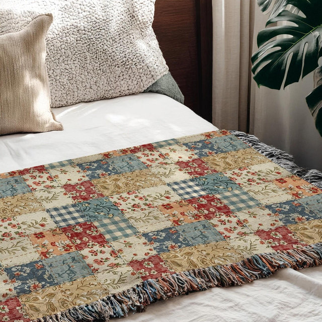 Farmhouse Patchwork Woven Blanket, Shabby Chic Cottagecore Throw, Grandmillenial Patchwork Inspired Farmhouse Decor, Gift for Mom or Grandma