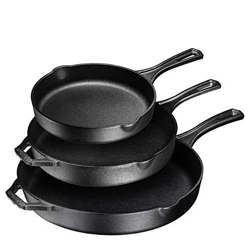 Pre-Seasoned Cast Iron 3 Piece Skillet Bundle. 12” + 10” + 8” Set of 3 Cast Iron Frying Pans Heavy Duty Professional Chef Tools Indoor & Outdoor Use Grill, StoveTop, Black