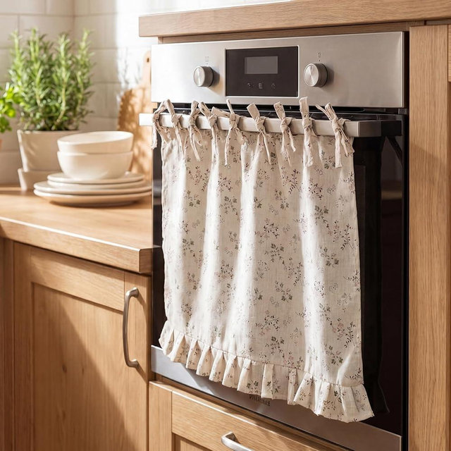 Lounsweer Oven Skirt Curtain for Kitchen Decor 22 x 31 Inch Floral Print Cotton Linen Blend Stove Cover Skirt Tie Top with Ribbon Ties Rustic French Country Decorative Oven Door Curtain