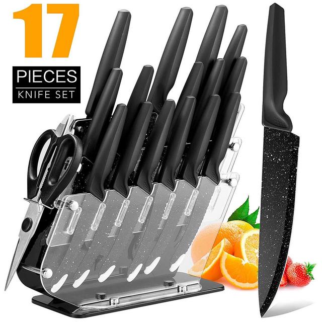HOBO 17-Piece Knife Set, Stainless Steel Chef Knife Set with Acrylic Block Professional Non-Slip Handle, Kitchen Scissors, Cooking, Black Knife Sets