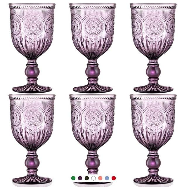 Vintage Wine Glasses Set of 6 - Christmas Glasses Drinkware Wine Goblet - 100% Dishwasher Safe Fancy Wine Glasses, Colored Wine Glasses with Sunflower Embossed Design - Holiday Wine Glasses Set