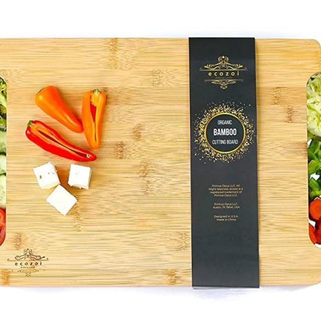 Ecozoi Large Bamboo Cutting Board With 2 Big Organizing Stainless Steel Trays | Space Saver Design And Eco Friendly Sustainable Chopping Board