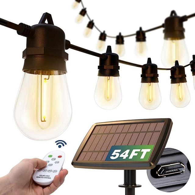 addlon 54(48+6) FT Solar String Lights Outdoor Waterproof with USB Port & Remote Control Solar Patio Lights Long Last for 20+Hrs Dimmable Solar Power LED 25 Bulbs for Porch Garden Market Bistro