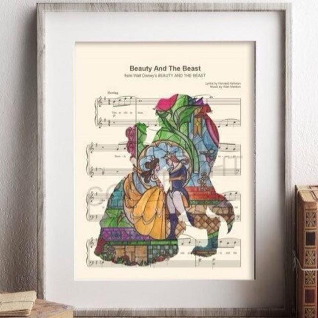 Beauty and the Beast Silhouette Stained Glass Tale As Old As Time Sheet Music Art Print