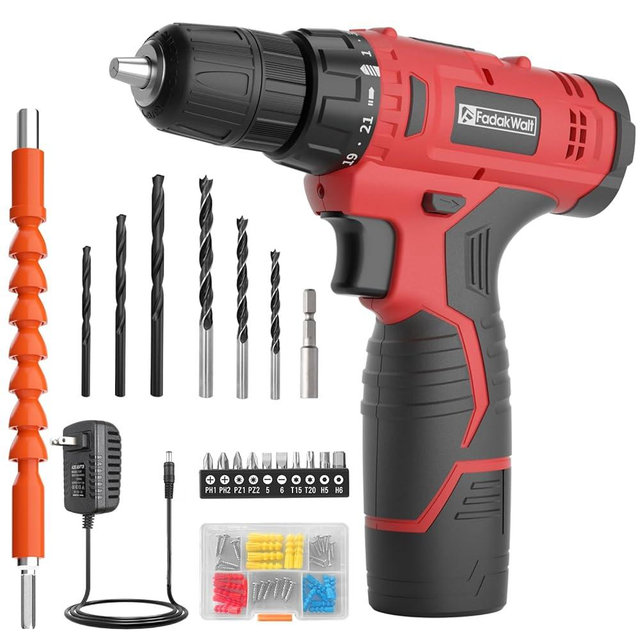 FADAKWALT Cordless Drill Set,12V Power Drill Set with Battery and Charger, compact Driver/Drill Bits, 3/8'' Keyless Chuck,21+1 Torque Setting, 180 inch-lbs, with LED Electric Drill Set (Red)