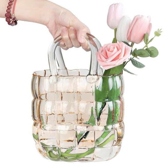 Unique Purse Vase for Flowers,11'' Handmade Thicken Bubbled Glass Bag Vases with Gradient Color for Home Decors .Great Clear Purse Flower Vase for Centerpiece,Floral Arrangement,Wedding Decors.