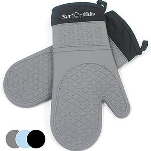 Grey Silicone Oven Hot Mitts - 1 Pair of Extra Long Professional Heat Resistant Pot Holder & Baking Gloves - Food Safe, BPA Free FDA Approved With Soft Inner Lining