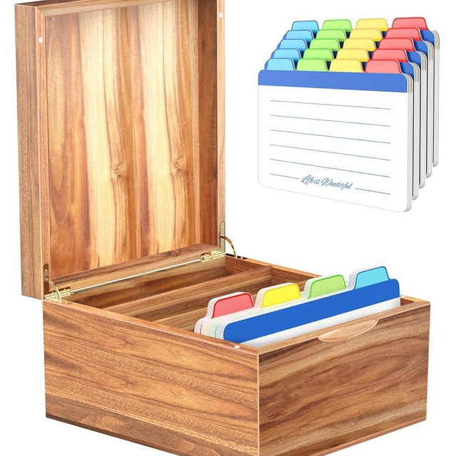 Neando 5x8 Index Card Organizer with Lid – Extra Large Acacia Wood Storage Box with 4 Compartments, 20 Blank Tabs, Holds 600 Cards – File Box for Recipes, Projects, School Notes & Office Organization