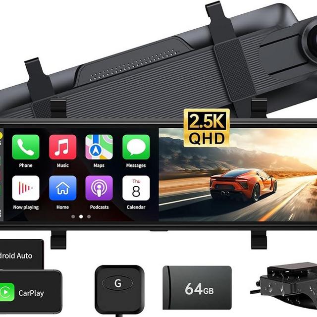 JOMISE C810 CarPlay Mirror Dash Cam Front and Rear - 2.5K Rear View Mirror Camera, HDR Night Vision, FM/Wireless Audio, DIY 10-Min Install, Extreme Temp Resistant for Snowbelt & Vintage Cars