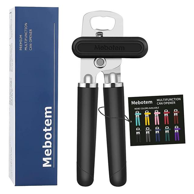 Mebotem Can Opener Manual Handheld Heavy Duty Hand Can Opener Smooth Edge Comfortable Grip Safety Can Openers, Oversized Easy Turn Knob, Sharp Cutting Wheel, Built in Bottle Opener, Black