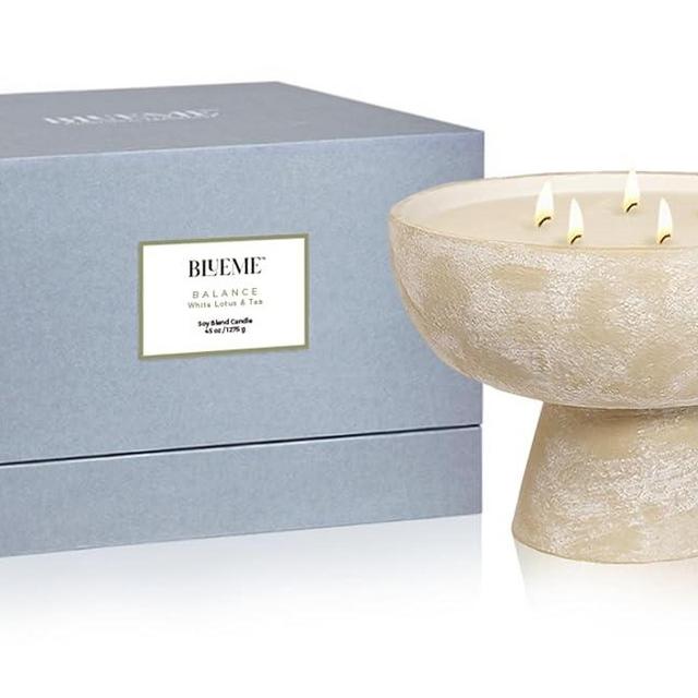 BLUEME Balance-White Lotus & Tea, 6 Wick, Refillable Wellness Candle, Contains Essential Oil, Sustainable, Hand Finished, Hand Poured, Premium, Luxury Ceramic, Natural Cotton Wick, Soy-Wax Blend