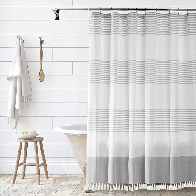 Grey and White Shower Curtain with Tassels,Modern Farmhouse Shower Curtain,Waterproof Decorative Polyester Cloth Shower Curtains for Bathroom - 72"x72" Inch - Grey