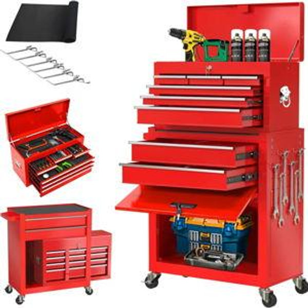 INTERGREAT Tool Chest, 8-Drawers Rolling Tool Chest with Wheels, Detachable Red Metal Tool Cabinet with Lock Top Tool Box, Garage, Warehouse, Workshops