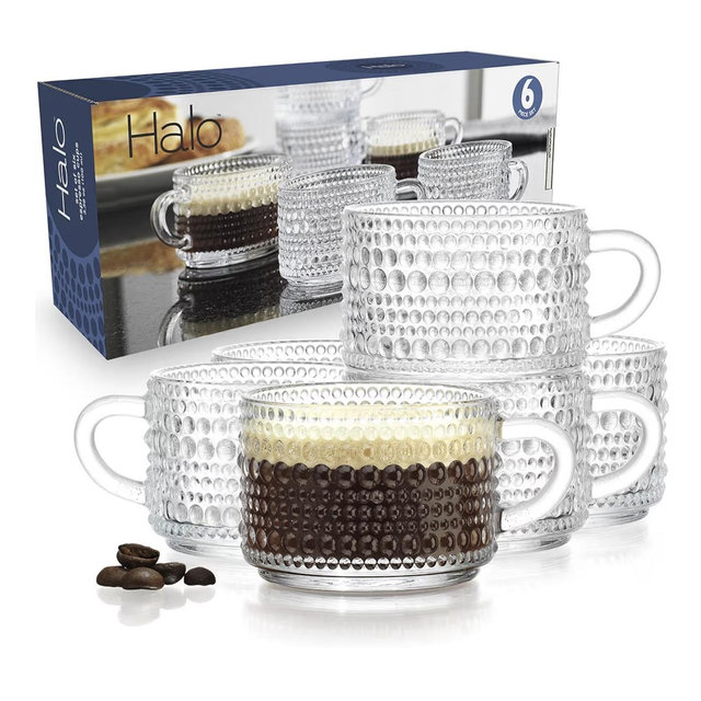 Glaver's Espresso Cups, Set of 6 Shot Glasses Mini 3 oz Coffee Espresso Mugs, Stackable Thick Glass with Handle - Hobnail Embossed Demitasse Cups Dishwasher Safe