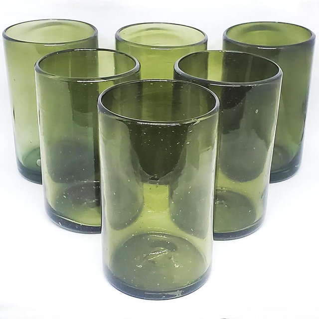 MexHandcraft Solid Olive Green 14 oz Drinking Glasses (set of 6), Recycled Glass, Lead-free, Toxin-Free (14oz Drinking)