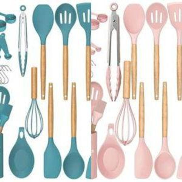 Umite Chef Silicone Kitchen Utensils Sets , 33 Piece Non-Stick Kitchen Utensils with Stand, Wooden Handle, Blue and Pink