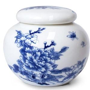 Dahlia Blue and White Porcelain Tea Canister, Airtight Jingdezhen Tea Caddy, Peony 300 ML