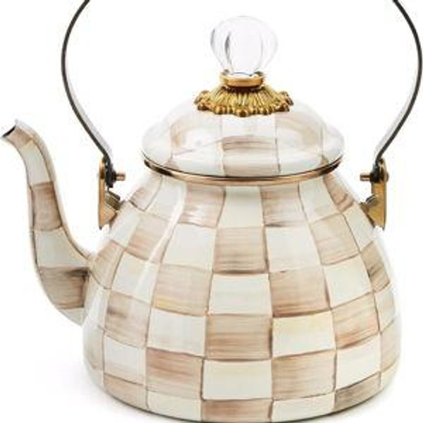 MACKENZIE-CHILDS Enamel Tea Kettle, Stylish Tea Kettle for Stovetop, Brown-and-White Mocha Check, 2 Quarts