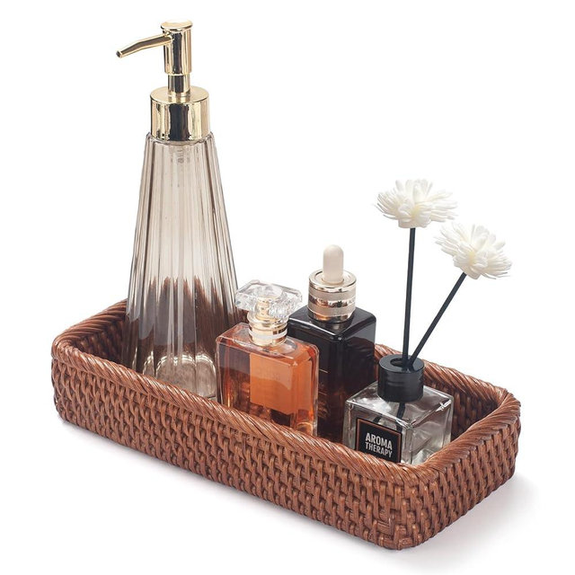 Rattan Bathroom Vanity Trays Toilet Tank Baskets Long Narrow Hand Towel Storage Basket for Storage, Decorative (Honey Brown 10.2 x 4.9 x 1.8 inch)