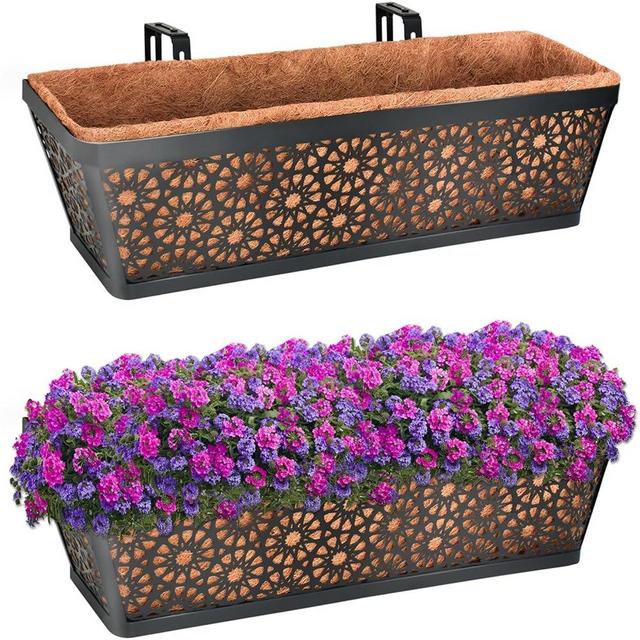 Halatool 2PCS 24 Inch Window Box with Coco Liner Sturdy Metal Railing Planter with Coco Coir Basket Liners for Window Deck Fence Porch and Patio Outdoor Indoor Lawn