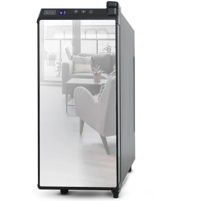 BLACK+DECKER Wine Fridge 12 Bottles, Thermoelectric Wine Cooler Refrigerator with Mirrored Front, Freestanding 12 Bottle Wine Fridge