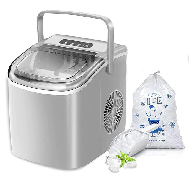 Countertop Ice Maker, Self-Cleaning Portable Ice Maker Machine with Handle, 9 Bullet-Shaped Ice Cubes Ready in 6 Mins, 26Lbs/24H with Ice Scoop and Basket for Home/Kitchen/Party (Grey)