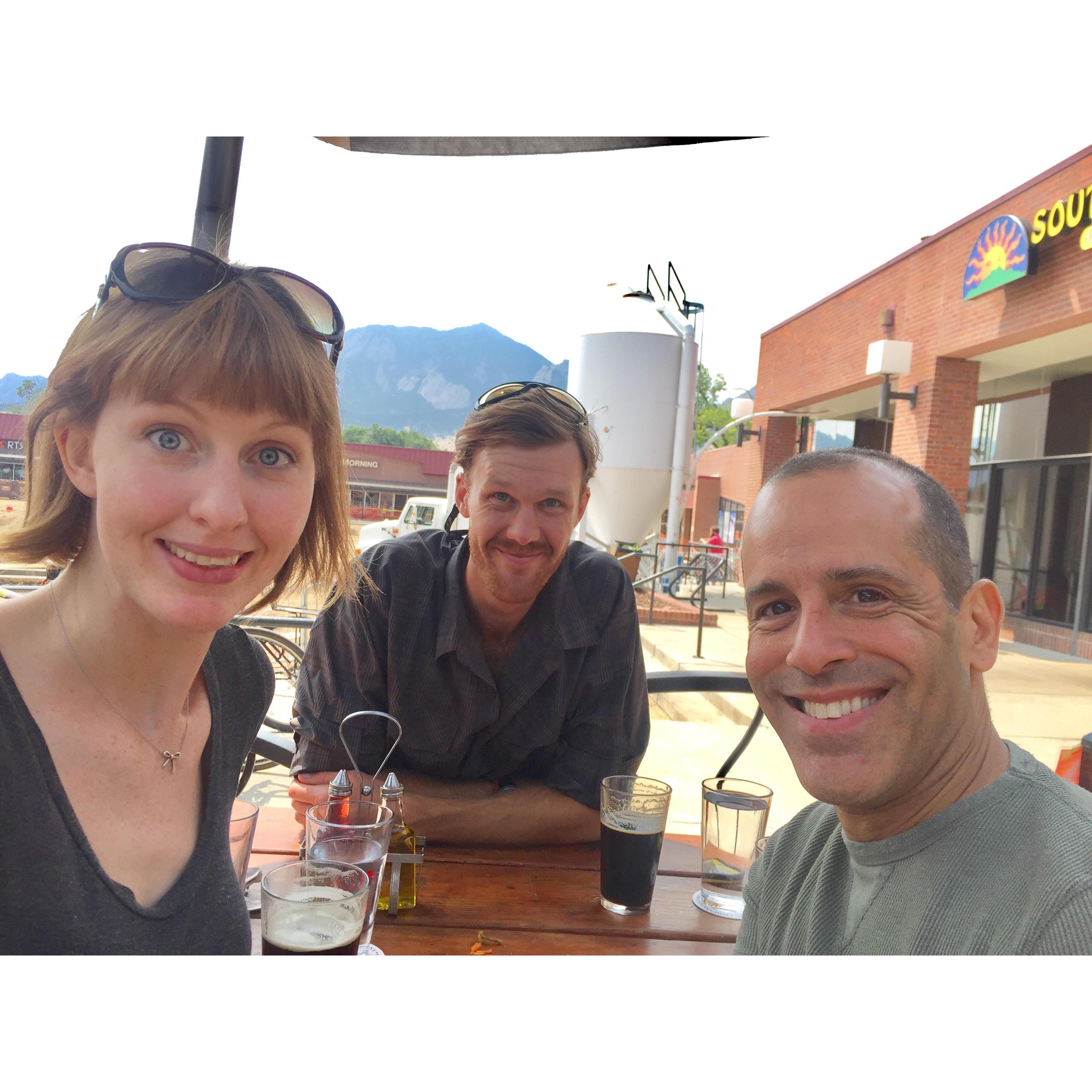 Two very tired people catching up with a best bro after arriving in Boulder.