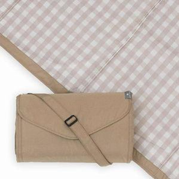 Little Unicorn 5'x7' Outdoor Family Picnic & Beach Blanket | Durable & Water-Resistant Fabric | Compact Fold & Easily Wipes Clean | Zipper Pocket (Beige Buffalo Check
