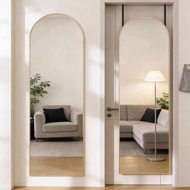 DUMOS 47"x14" Full Length Door Mirror, Arched Full Body Mirror with Aluminum Alloy Thin Frame, Leaning or Hanging, Suitable for Bedroom, Livingroom, Cloakroom, Gold