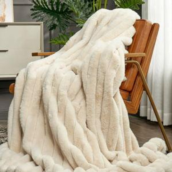 Beige Striped Faux Fur Throw Blanket