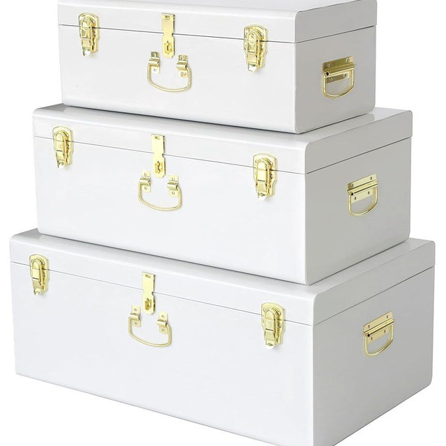 Vixdonos Decorative Box Set of 3 Metal Trunks Chest with Safety Lock Clasp for Treasure Organization and Home Dorm Decor,26.8x16.5x11Inches