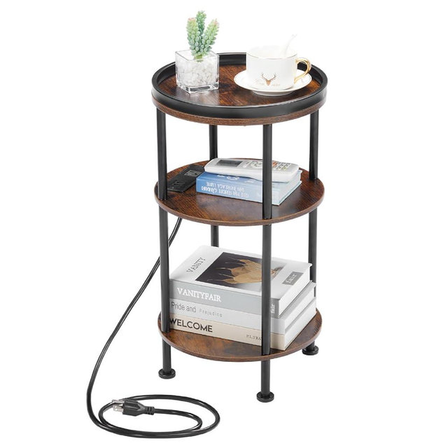 Small Round End Table with Charging Station for Narrow and Small Space, 3-Tier Accent Couch Beside Table with USB Ports & Power Outlets,Sofa Side Table for Living Room Bedroom Apartment (Rustic Brown)