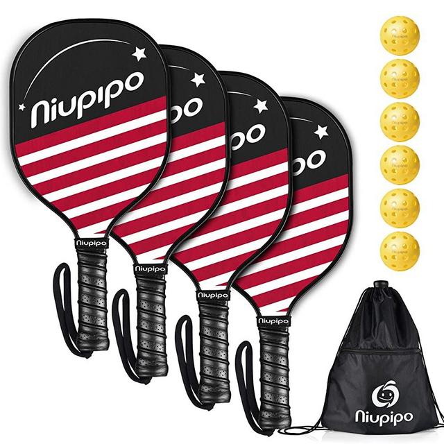 Pickleball Paddles, Pickleball Set 4 Paddles with 6 Balls and 1 Carry Bag, 7-ply Basswood Wood Pickleball Paddles, Safe Edge Guard, Cushioned Grip, Wooden Pickleball Paddles 4 Pack for Beginner