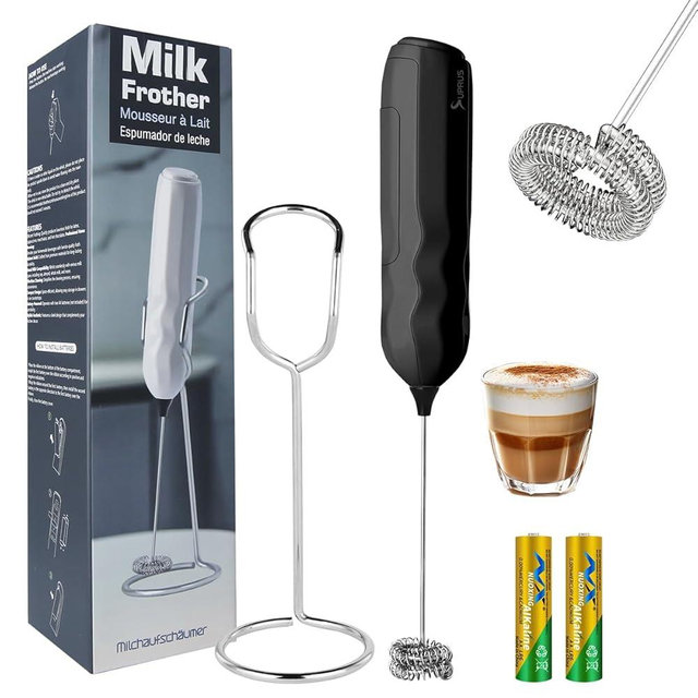 SUPRUS Ultra Fast Handheld Milk Frother Double Whisk with Stand 2 Batteries Stainless Steel for Lattes Cappuccino Matcha Hot Chocolate Coffee Bar Accessories Kitchen Gadgets Gift