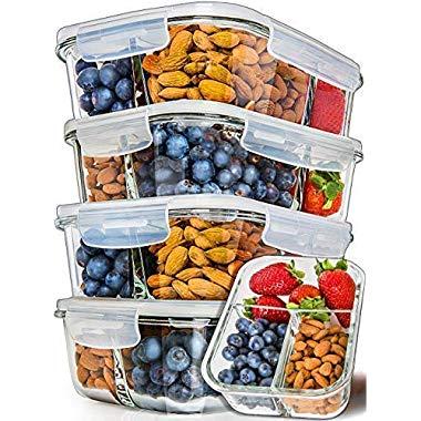 [5-Pack] Glass Meal Prep Containers 3 Compartment - Bento Box Containers Glass Food Storage Containers with Lids - Food Prep Containers Glass Storage Containers with lids Lunch Containers