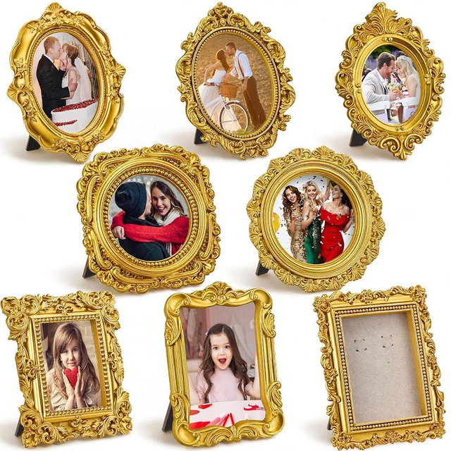 Qunclay 8 Pcs Vintage Picture Frames Set Gold Tiny Picture Frames Wallet Size Baroque Antique Resin Photo Decor for Valentines Day Wedding Party Tabletop Home Decor(Mixed Style 2)